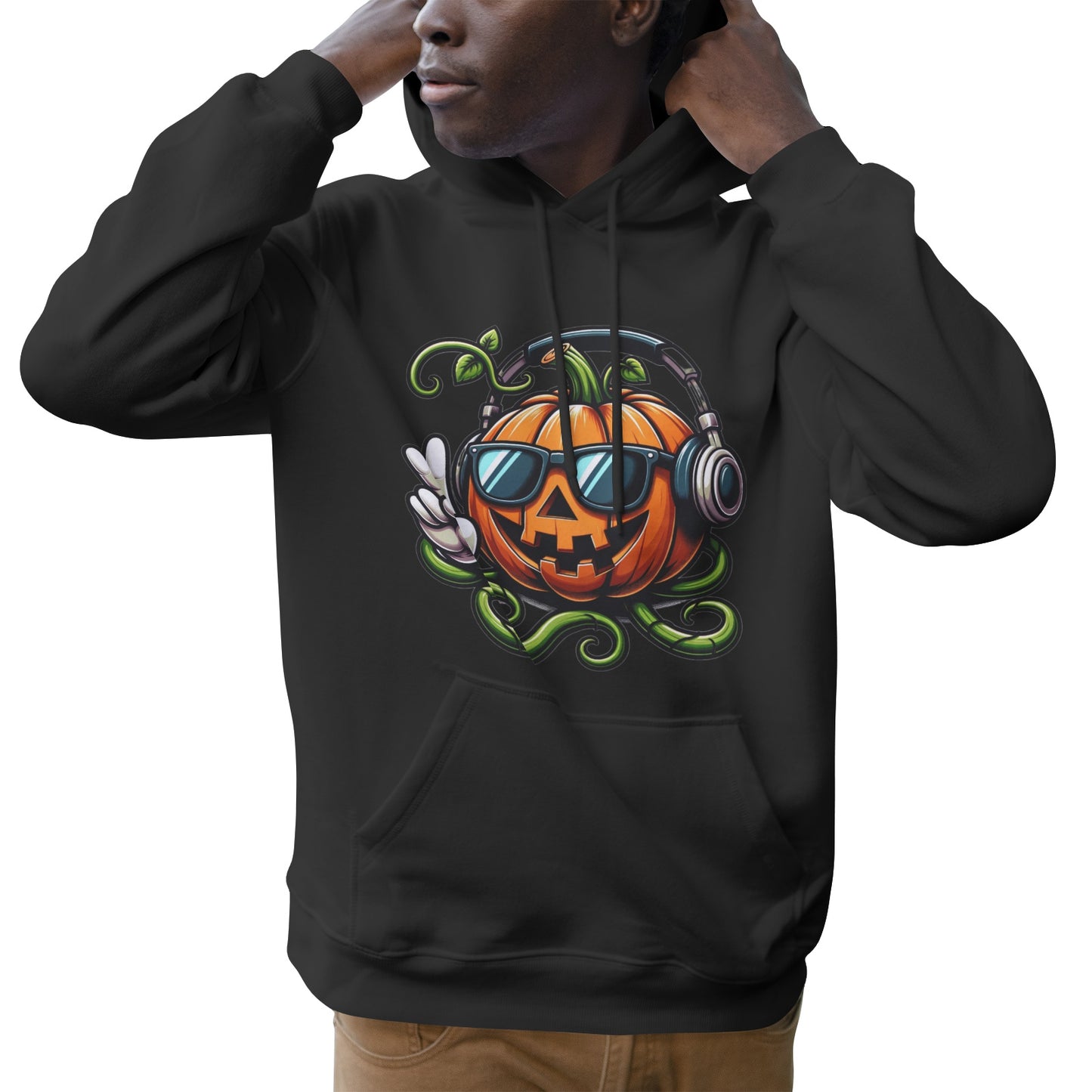 Men's Soft Cotton Halloween Pumpkin Hoodie on MLNK Store - Your cozy companion for a playful Halloween look.