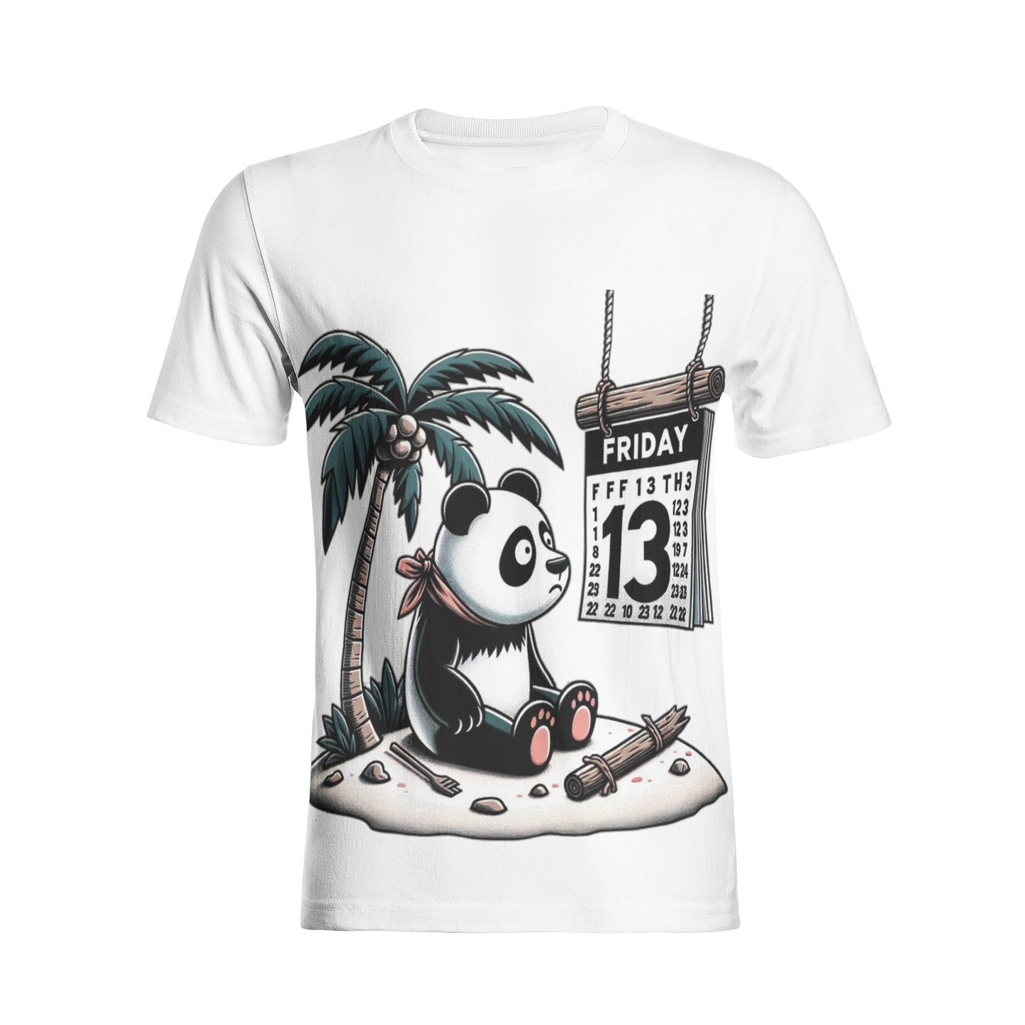 A lively Unisex All-Over Print Cotton T-Shirt with a Robinson Panda print, perfect for those looking to add a fun element to their attire.
