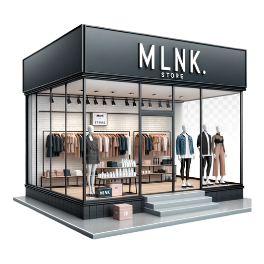MLNK Store logo amidst a collage of modern apparel and skincare products, embodying the blend of fashion and self-care.