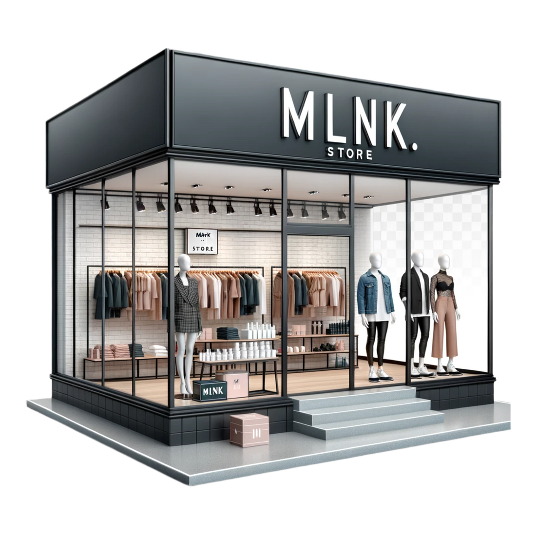 MLNK Store logo amidst a collage of modern apparel and skincare products, embodying the blend of fashion and self-care.