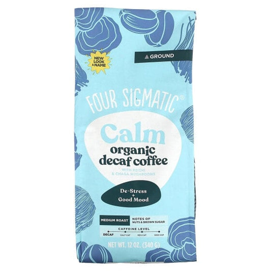 Image of Four Sigmatic Decaf Coffee bag, highlighting organic, calming ingredients like Reishi and Chaga mushrooms