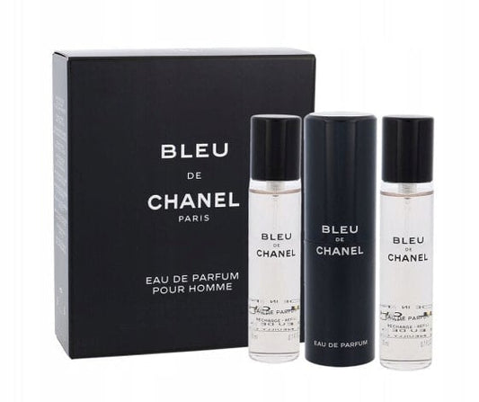 Bleu Eau de Parfum Spray in refillable bottles" and "Luxury 3 x 20 ml Bleu fragrance spray