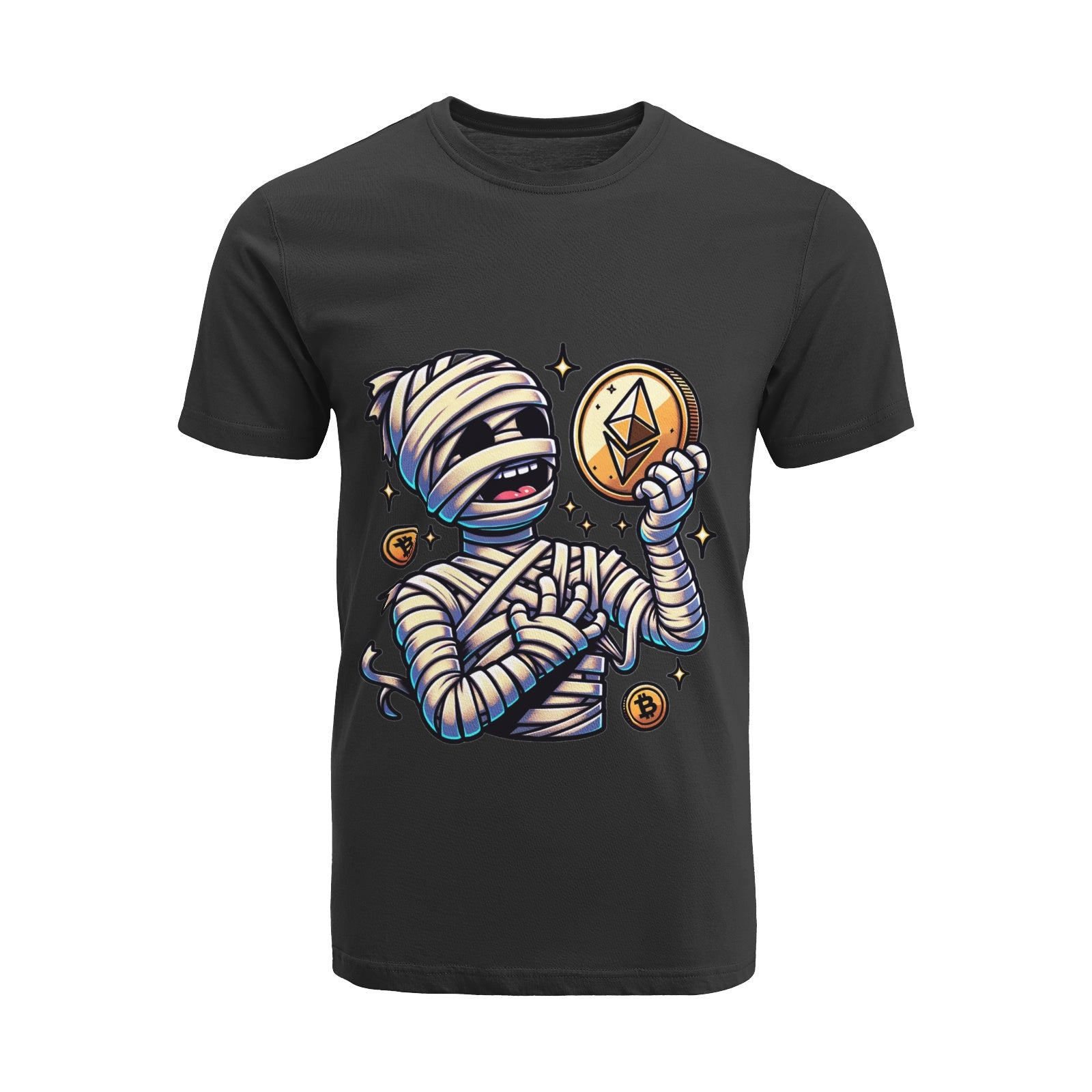 Unisex Halloween Ethereum Mummy Print T-Shirt on MLNKstore - A comfy crypto merch tee showcasing a quirky Ethereum Mummy print for Halloween.