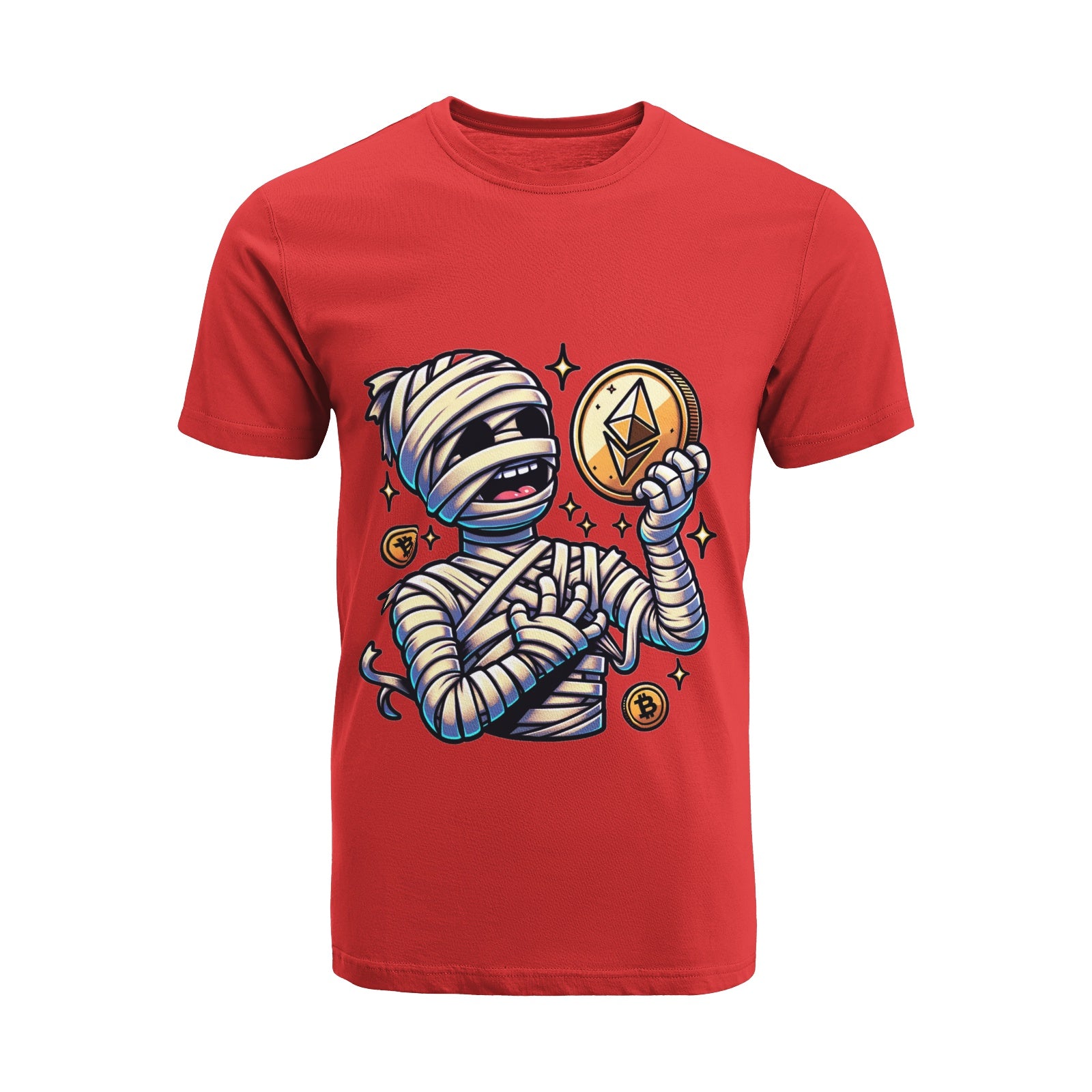 Unisex Halloween Ethereum Mummy Print T-Shirt on MLNKstore - A comfy crypto merch tee showcasing a quirky Ethereum Mummy print for Halloween.