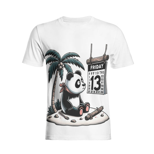  A lively Unisex All-Over Print Cotton T-Shirt with a Robinson Panda print, perfect for those looking to add a fun element to their attire.