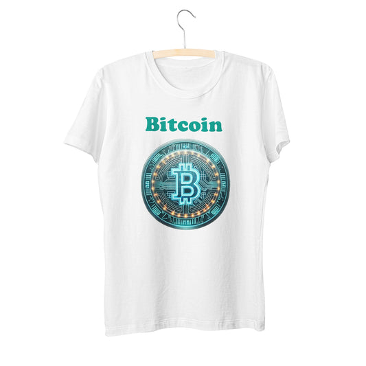 A comfy Unisex Short Sleeve Crew Neck Cotton Jersey T-Shirt with a stylish Bitcoin print, merging casual wear with cryptocurrency flair.